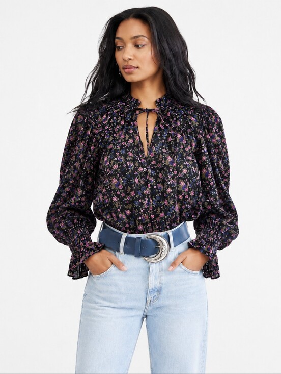 Free People Tops - Free People Meant To Be Floral Tie Neck Blouse Black Combo Large